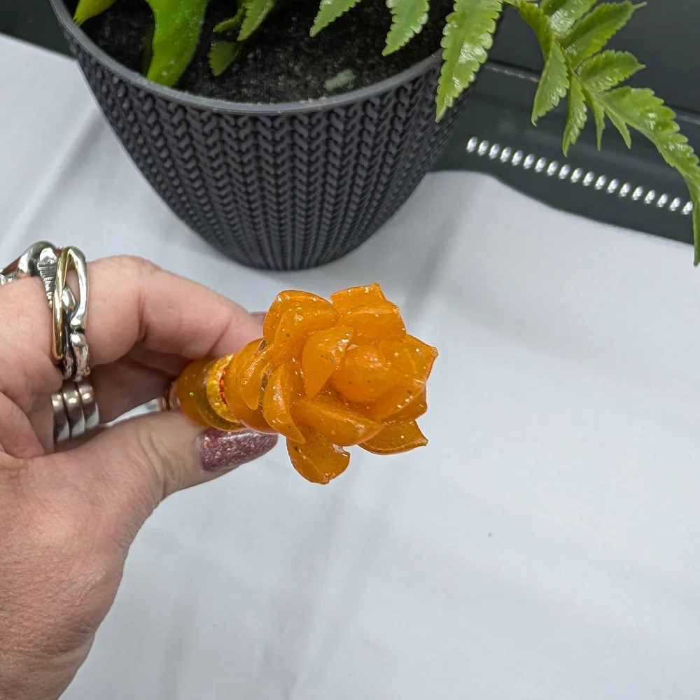 Orange Beaded Fairy Wand/Plant/Garden Stake W/Resin Succulent/Rose Topper